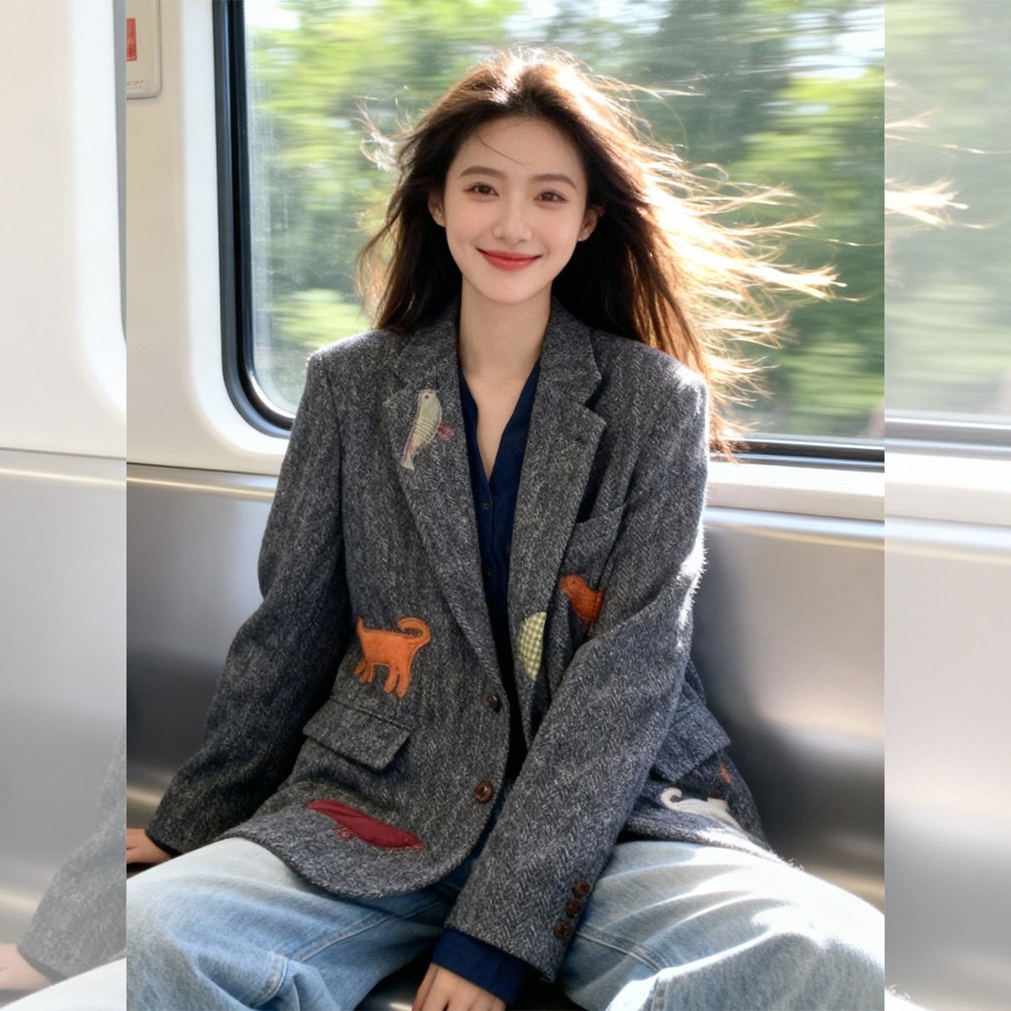 2026新爆款深灰毛绒动物贴布西装复古休闲西服小众设计通勤外套女,女装/女士精品,短外套,淘宝优惠券,粉丝福利购,淘宝优惠卷