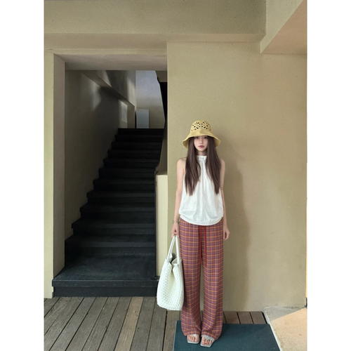 亚麻灰蓝竖条纹直筒休闲女裤
