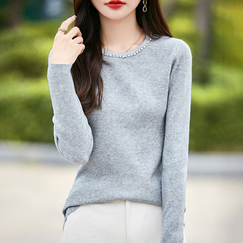 设计感重工钉珠圆领气质毛衣女洋气内搭针织打底衫薄款百搭上衣
