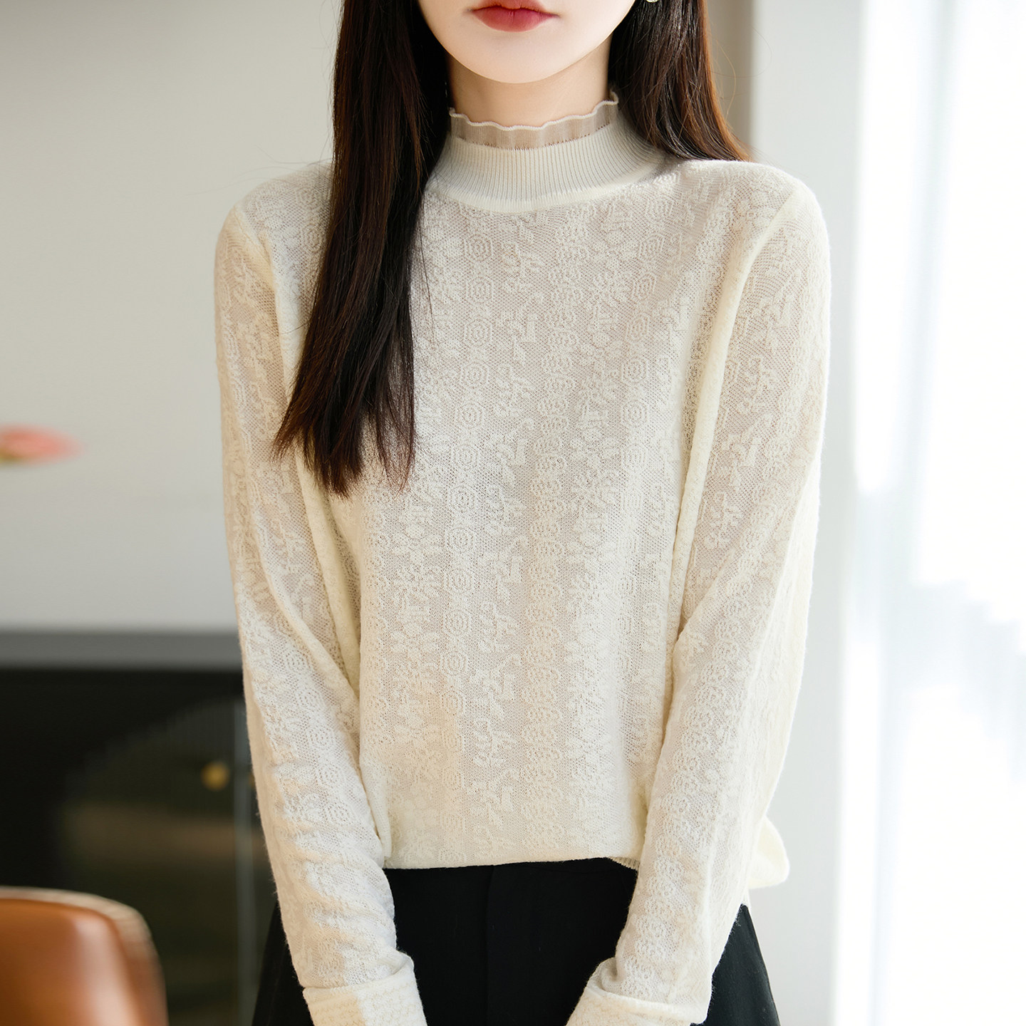 半高领蕾丝提花针织打底衫女2026新款春秋大码女装上衣秋冬毛衣