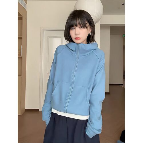 蓝色连帽拉链卫衣外套女2