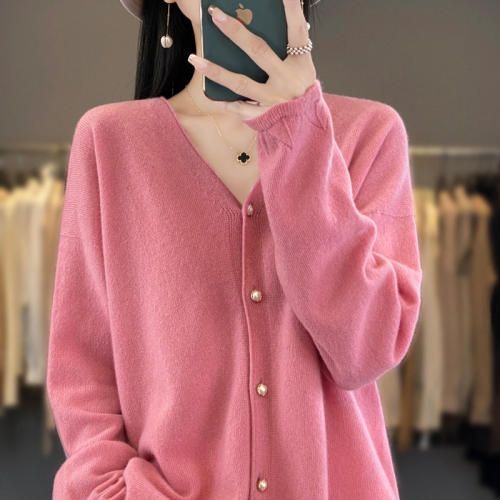 100%纯羊毛开衫女V领宽松