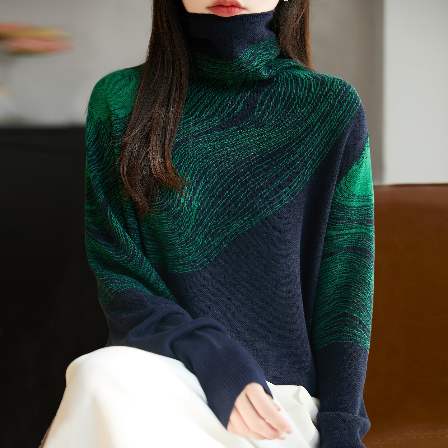 高领厚款撞色提花针织打底衫女2025新款洋气大码女装上衣秋冬毛衣