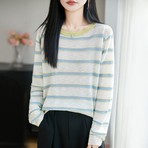 竹节麻冰丝条纹针织衫女圆领套头休闲宽松罩衫撞色显瘦打底衫上衣