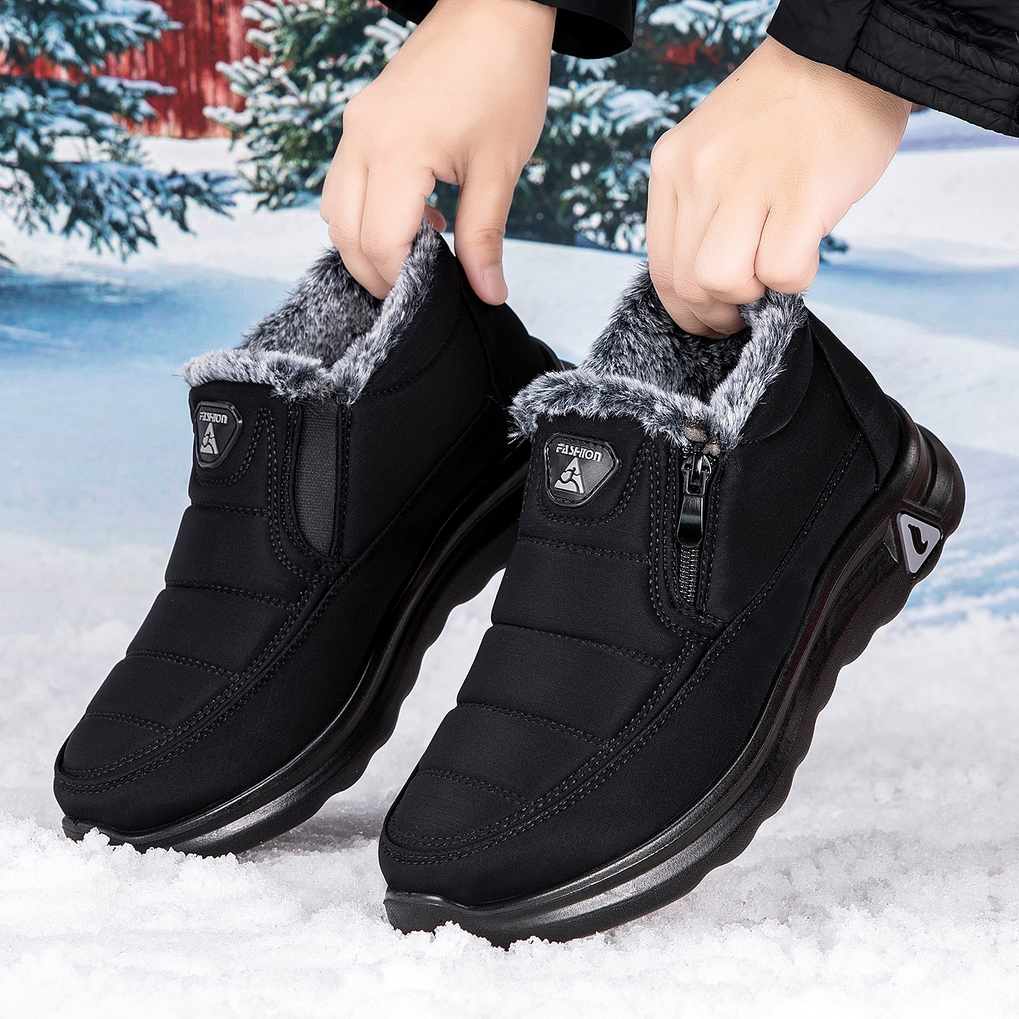 足立老人鞋男冬季加绒防滑软棉鞋