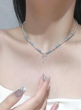 2025新款飘带蝴蝶结碎银项链女清新蓝色天然海蓝宝甜美串珠锁骨链