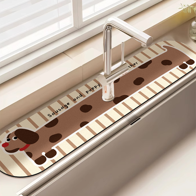 卡通腊肠狗厨房卫生间洗漱台水龙头垫可爱吸水防溅水垫台面沥水垫
