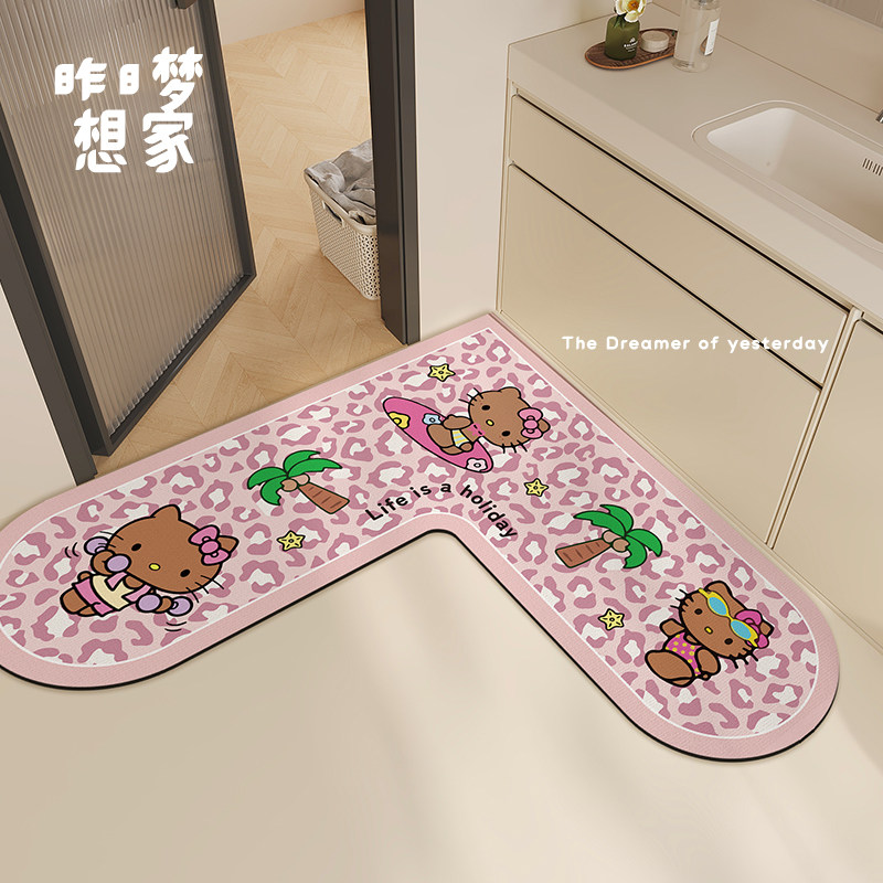 卡通豹纹凯蒂猫厨房专用地垫进门耐脏脚垫家用门口吸水防滑地垫子