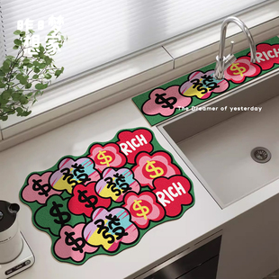 国潮发财水龙头垫厨房沥水垫卫生间卡通文字吸水餐垫咖啡机吧台垫
