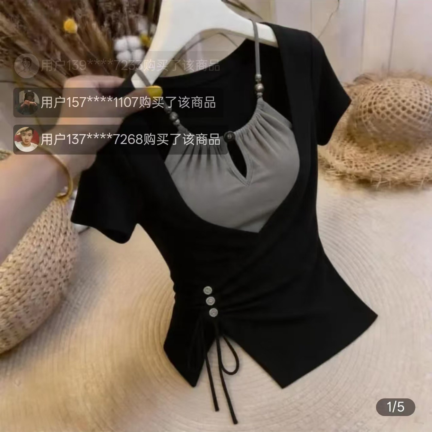 路途女装辣妹风假两件撞色短袖夏季法式T恤女大码胖mm显瘦上衣a2