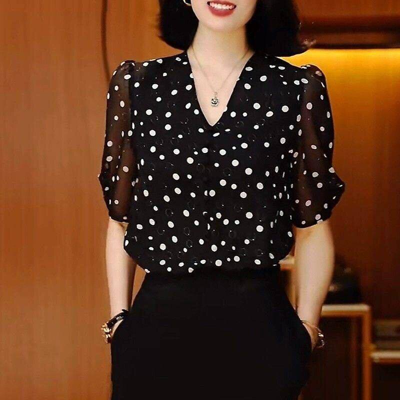 @聚光点女装波点印花雪纺衫夏季女显瘦遮肚五分袖小衫小香风上a7