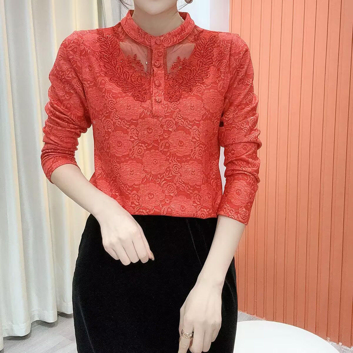 玟若精品女装蕾丝镂空打底衫秋冬女士款加绒长袖T恤立领气质上衣,女装/女士精品,蕾丝衫/雪纺衫,淘宝优惠券,粉丝福利购,淘宝优惠卷
