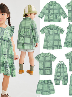 2022夏Misha新款男女儿童绿色碎花方巾图案短袖衬衫背带裤连衣裙
