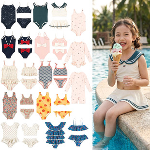 2026丹麦KS同款 女童泳衣樱桃海军连体吊带温泉游泳防紫外线长袖