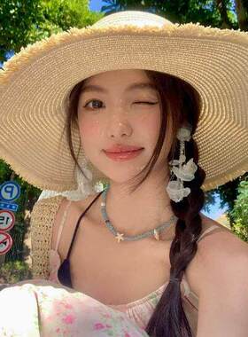 新款法式蕾丝蝴蝶结大檐草帽女夏季防晒遮阳沙滩太阳帽清新甜美风