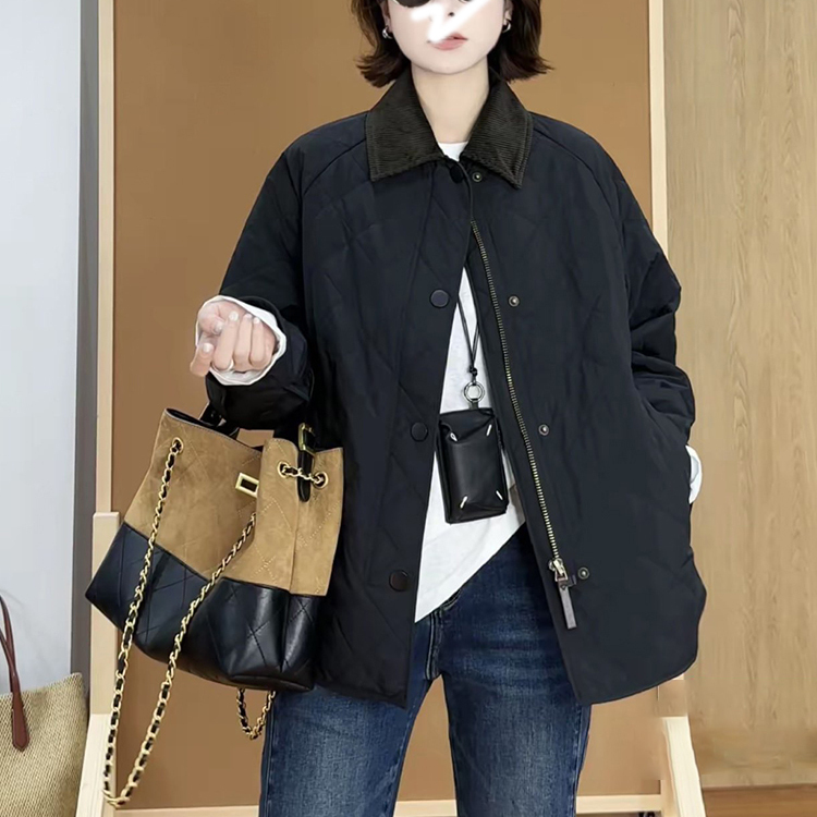 灯芯绒翻领菱格棉衣外套女