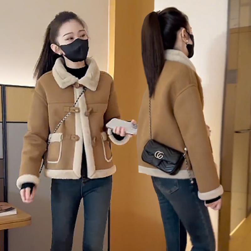 短款皮毛一体羊羔毛绒外套女2024秋冬小个子加绒加厚麂皮绒机车服