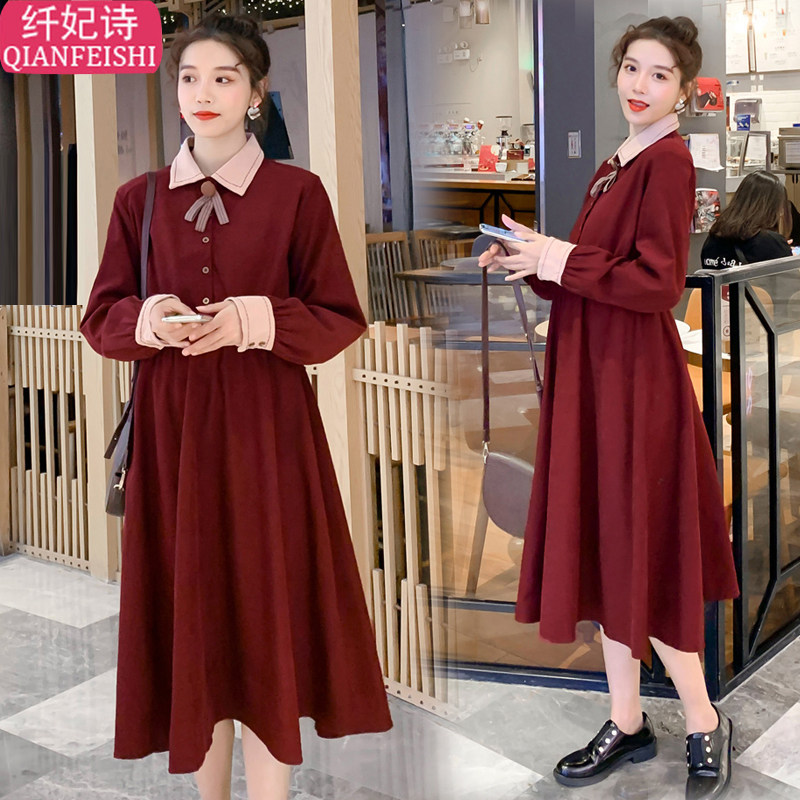 孕妇秋装连衣裙时尚气质翻领灯芯绒孕妇衬衫裙秋冬网红款潮妈长裙