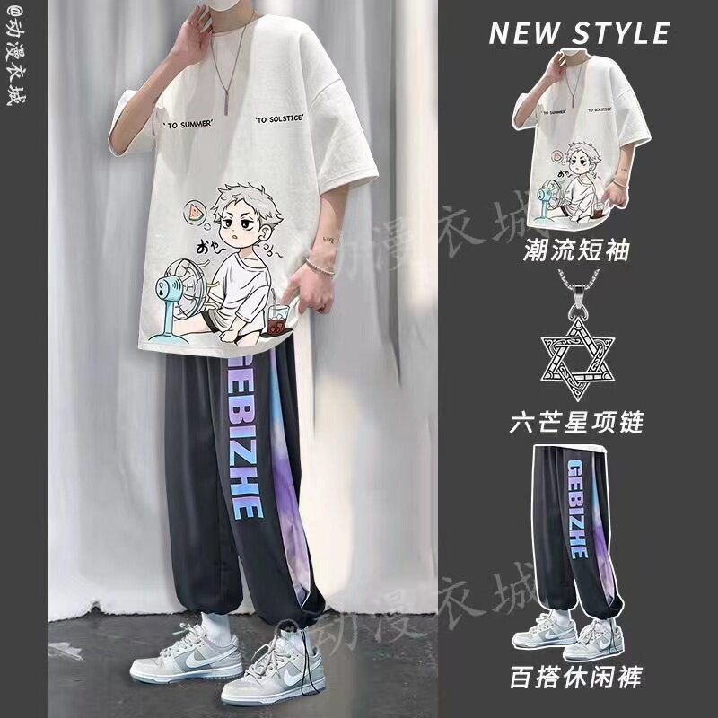 潮牌短袖一套夏季帅气ins韩版宽松青少年卡通半袖T恤套装初中学生