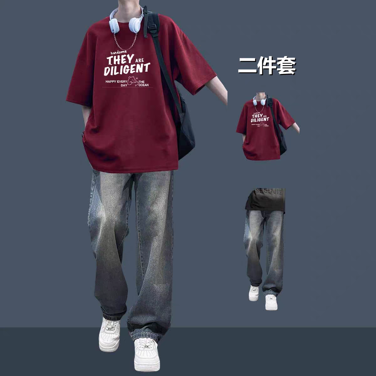 夏季短袖t恤男搭配百搭牛仔裤两件装潮牌休闲青少年情侣穿搭套装