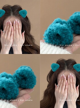 可爱蓝色猫耳发夹冬季毛绒发卡显白前额侧边夹碎发刘海夹新品发饰