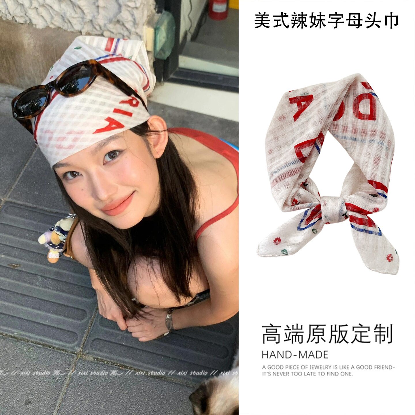 美式复古包头巾白色字母小众薄款丝巾潮流百搭方巾配饰发巾新品女