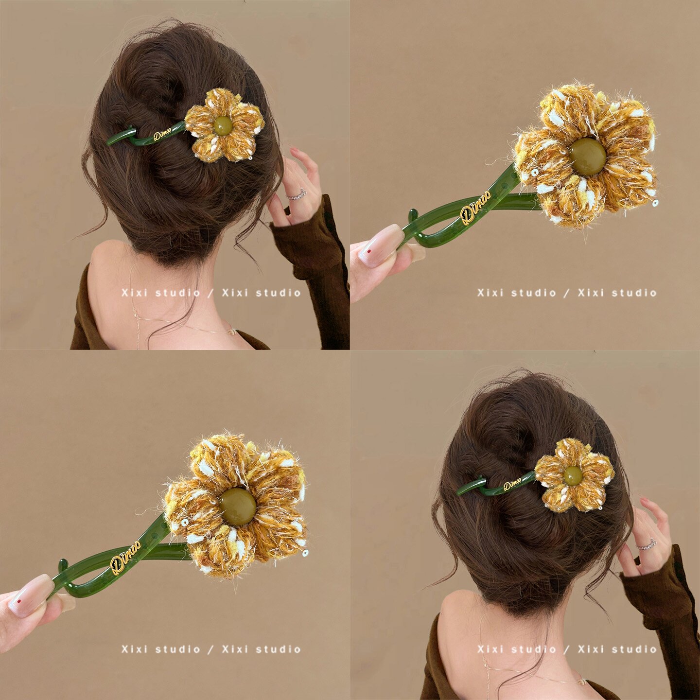森系花朵扭扭夹黄色后脑勺盘发夹
