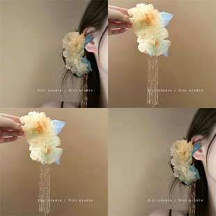 入画江南！黄色牡丹发夹！小清新烫花边夹汉服流苏头饰盘发器发饰