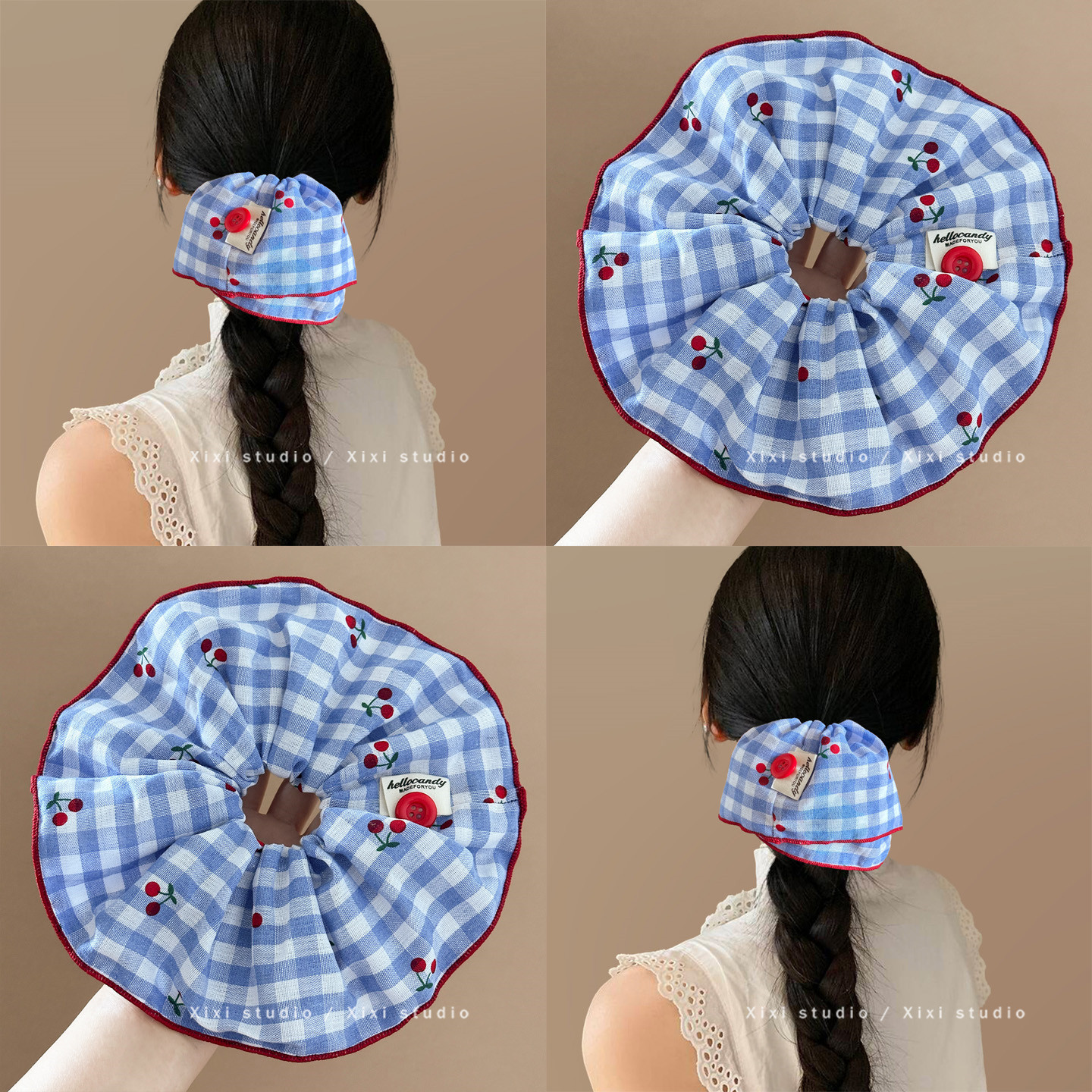 韩系蓝色格纹樱桃大号发绳甜美高级大肠发圈设计感头绳女发饰新品