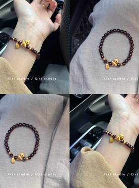 马上有钱金色小马手链石榴红手串