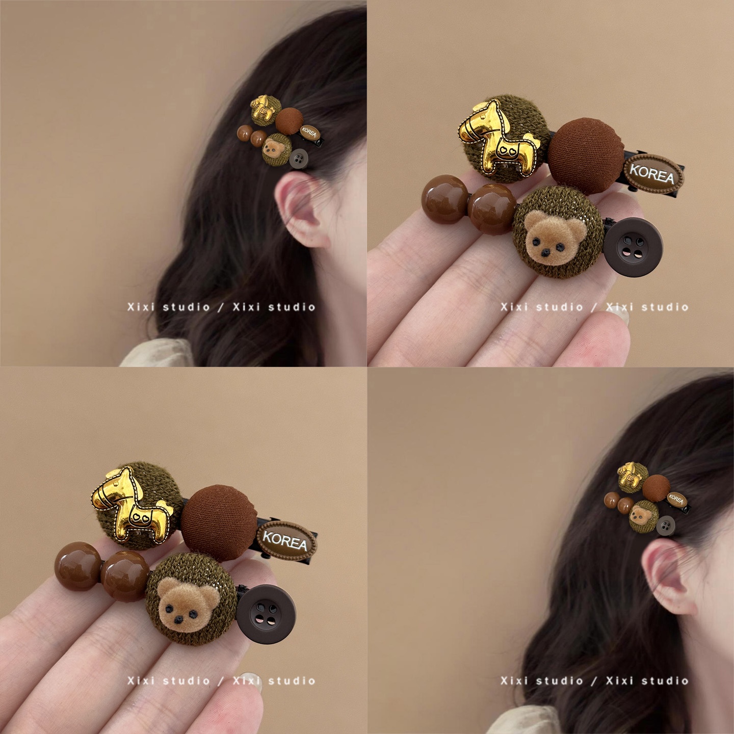 秋冬可爱小马小熊纽扣发夹刘海夹