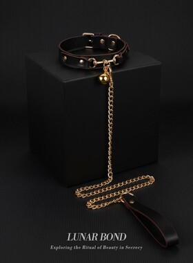 高级铃铛项圈情调小狗牵引绳choker狗链男女生m黑色皮革