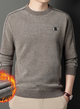 加绒圆领男士针织衫冬季雪尼尔保暖毛衣休闲内搭刺绣大码打底衫
