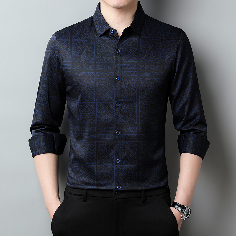 桑蚕丝男长袖衬衫春秋薄款休闲丝光棉条纹衬衣中年爸爸上衣男寸衣