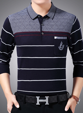 中老年人男士秋装休闲上衣服爸爸长袖t恤薄款爷爷羊毛打底衫男