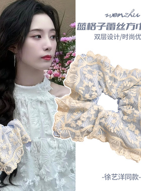 蓝格子蕾丝大肠圈发圈甜美气质
