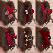 红色毛绒抓夹女高级感大号发量大发夹后脑勺鲨鱼夹子冬季 新年头饰