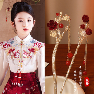 新中式汉服流苏发簪红色新年发钗马面裙头饰2025新款国风步摇簪子