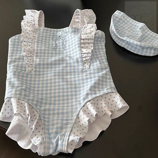 女童泳衣2025夏季新款洋气儿童甜美格纹花边连体泳装宝宝时尚泳帽