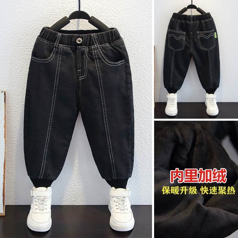 男童裤子春秋冬加绒牛仔