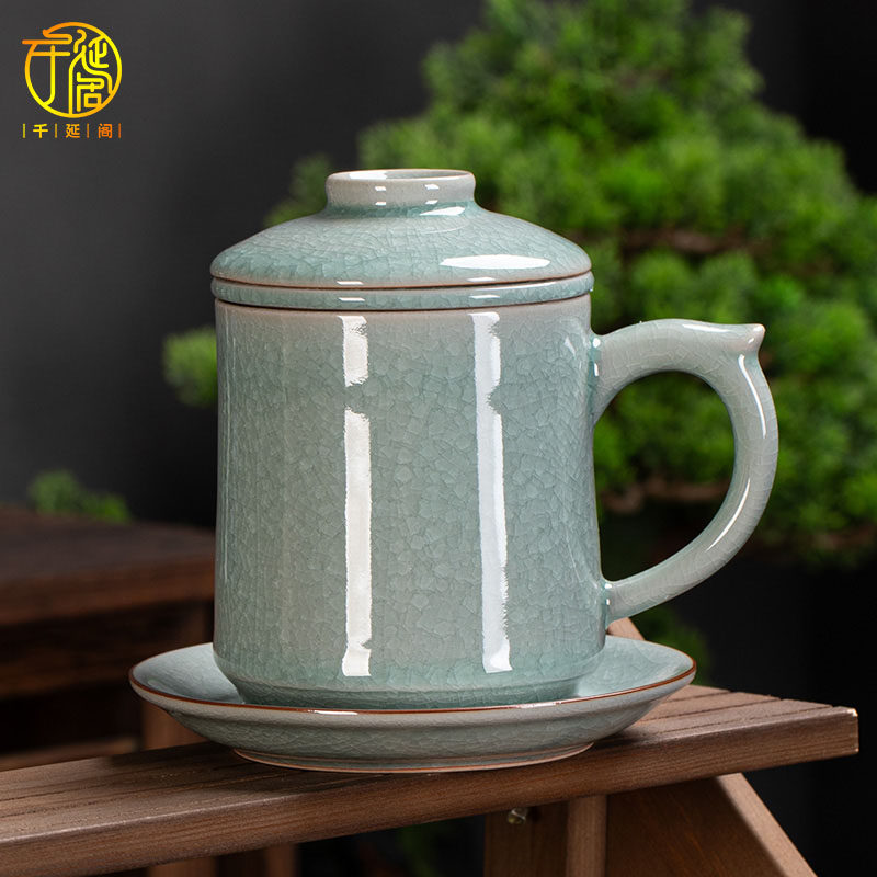 千延阁汝窑办公杯陶瓷茶水分离杯