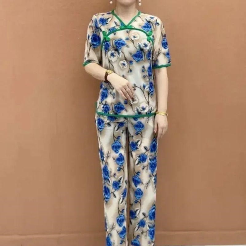 妈妈夏装新款洋气时尚复古中式套装中老年休闲短袖上衣裤子两件a1