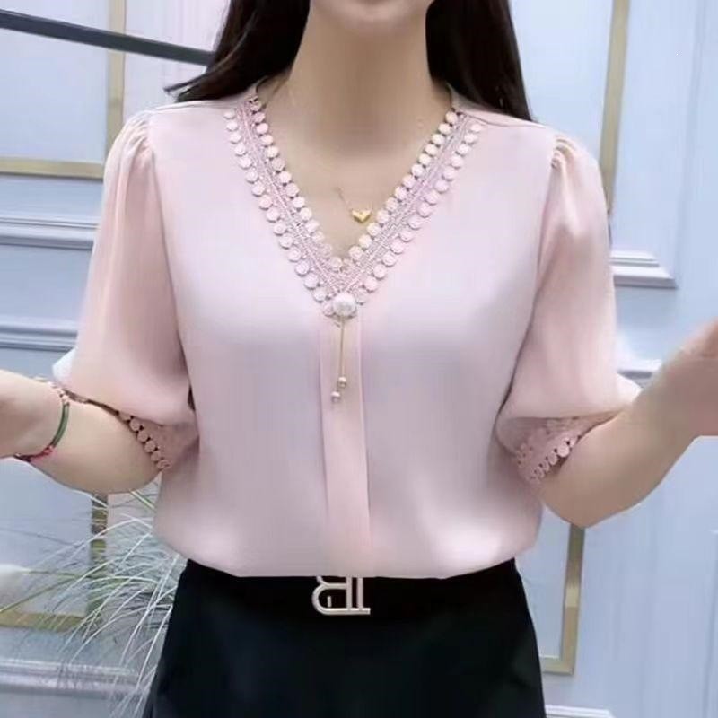 洋气衬衫上衣女夏季时尚气质宽松大码蕾丝拼接小衫高档女士雪纺a9