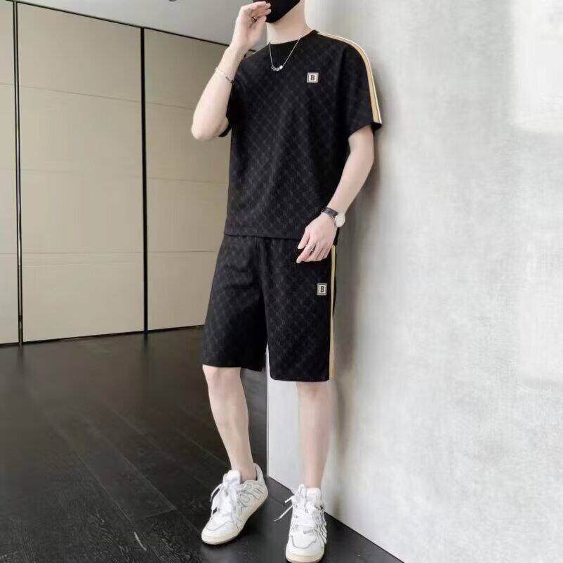 /媛鑫男裤高级感冰丝印花套装夏季男休闲两件套2026新款T恤短裤a9