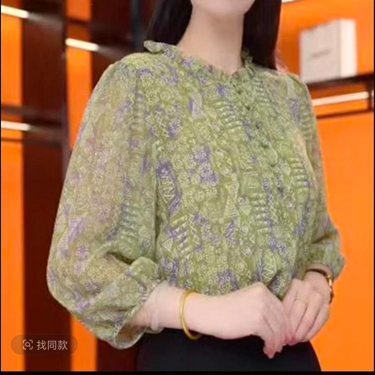 夏季薄款印花七分袖衬衫气质宽松显瘦减龄百搭女士雪纺衫a2
