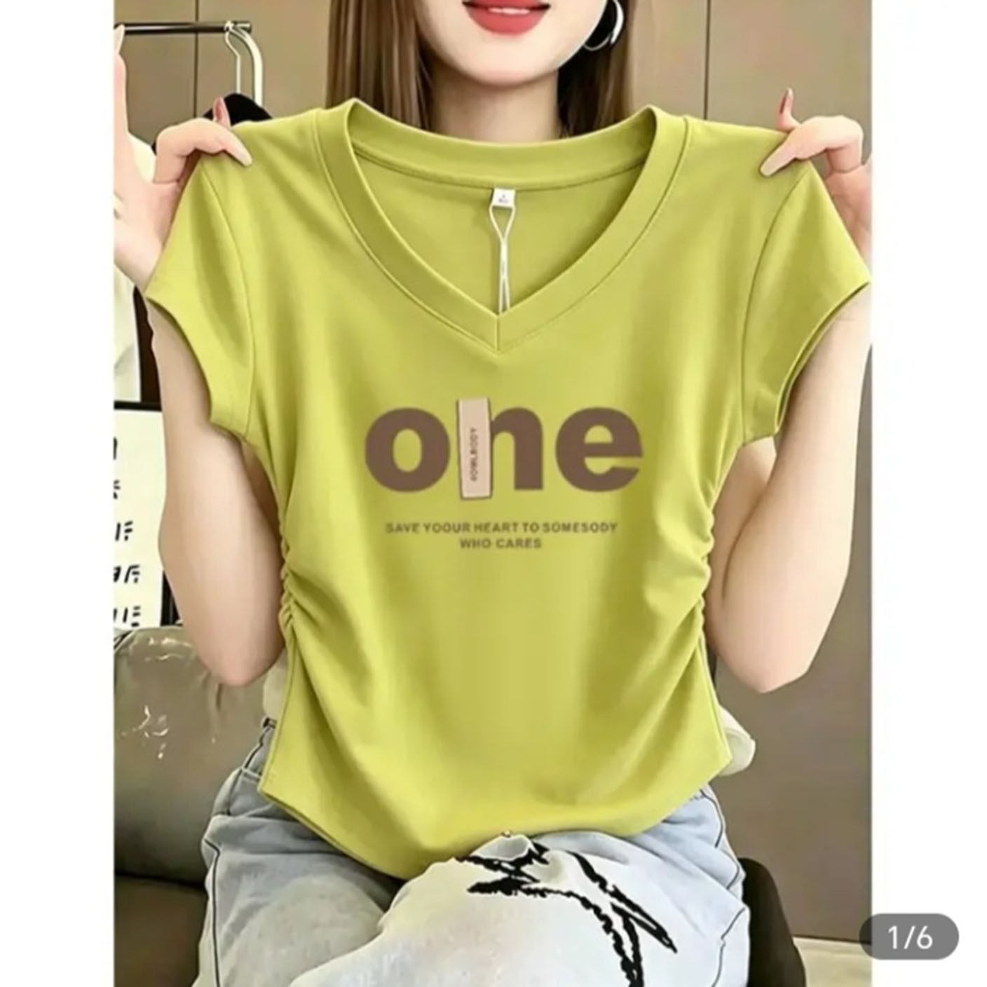 织序百货美式V领短袖夏季印花收腰显瘦上衣女士短款小个子正肩Ta4