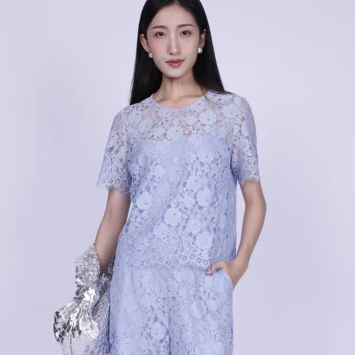 欧点圆领蕾丝短袖上衣配吊带