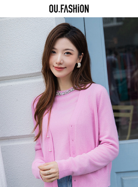 OU./欧点精致领口钻石装饰绵羊毛长袖毛衣1042440214