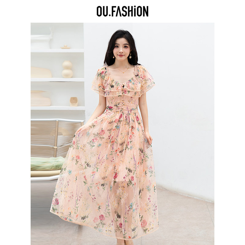 OU.FASHION/欧点吊带露肩甜美蕾丝连衣裙6122420517