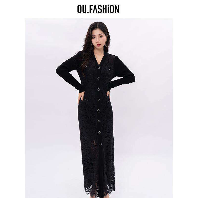 OU.FASHION/欧点长款蕾丝毛衣裙单配吊带针织连衣裙6122310008